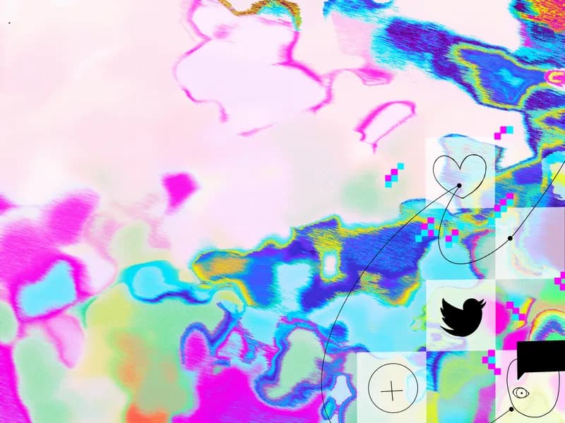 Bleached pink and cyan smears with a Twitter bird, a heart drawn in one line and small pixel blocks scattered over them.