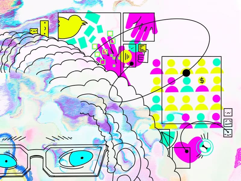 A head drawn as a bank of clouds wearing angular glasses, beside a magenta hand and a grid of yellow and magenta figures.