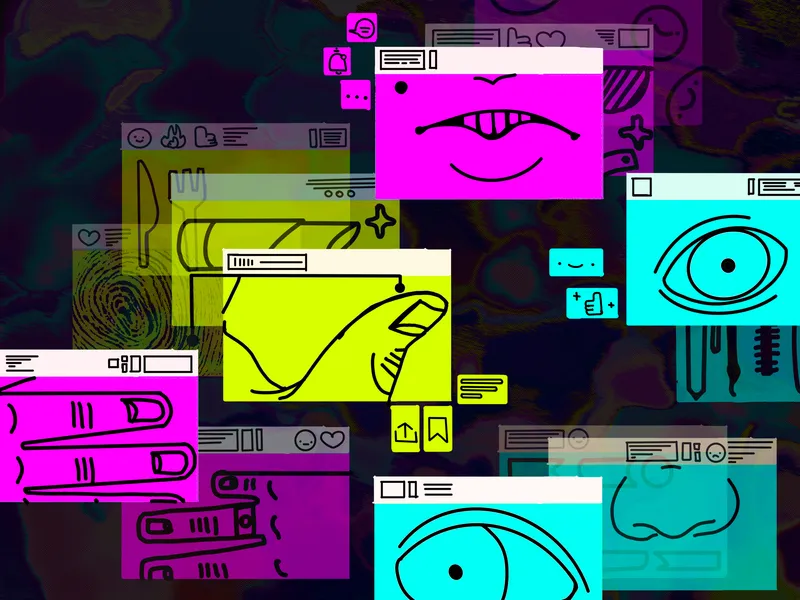 Overlapping browser windows on a dark ground, each holding a drawing: a mouth, an eye, a fingertip, a stack of books.