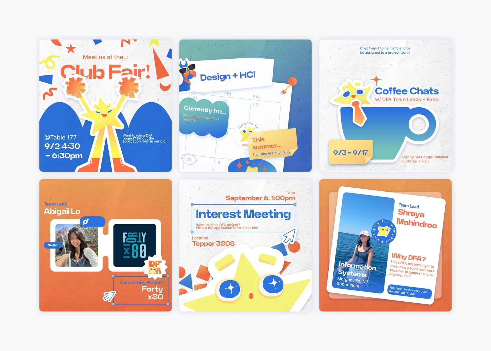 Six square social posts laid out in two rows on a grey ground, in the club's orange, blue and yellow. Top row: Club Fair with a yellow star character holding pom-poms and a table number and time; Design plus HCI over a calendar with sticky notes; Coffee Chats with the star peering out of a blue cup. Bottom row: a team lead card for Abigail Lo beside a community partner logo; Interest Meeting with a date, a location and a large star; a team lead card for Shreya Mahindroo with a photograph and a note on why she joined.