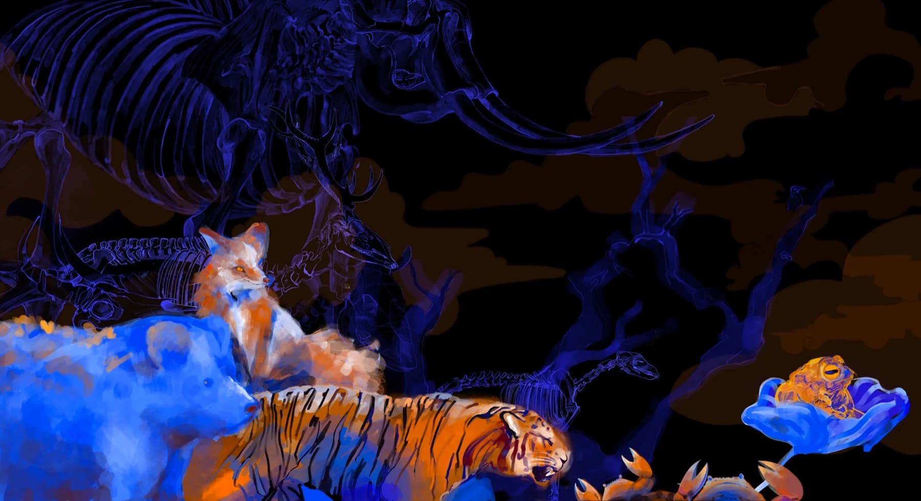A painted night scene in blue and orange. Behind, drawn in glowing blue line on black, stand the skeletons of a mammoth with long curved tusks and a stag with branching antlers, among bare trees and drifting brown cloud. In front, painted in solid colour, a blue bear, an orange fox and a striped tiger walk forward together, with a toad sitting in a blue flower and orange crabs at the lower right.