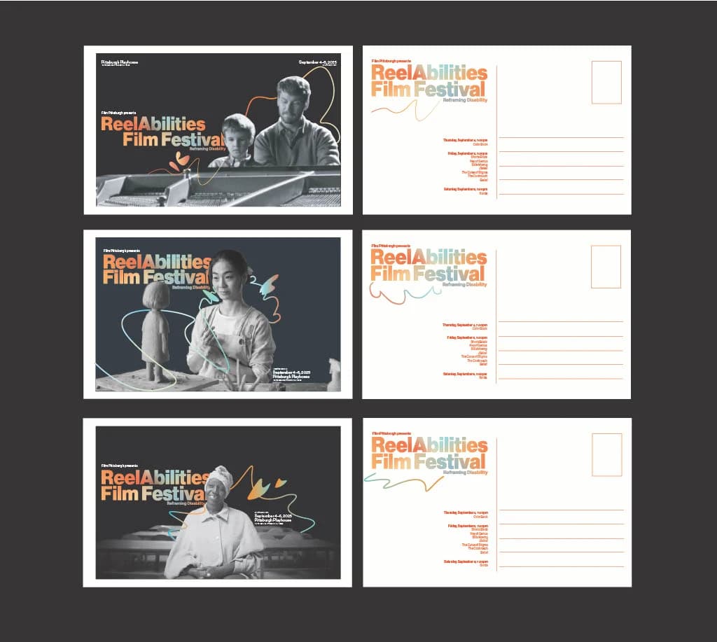 Six postcard designs on a dark grey card, arranged as three pairs. Each pair is one card: the front is a black and white photograph of a festival subject — a man and a boy at a piano, a woman shaping a small figure, an older woman outside a building — overlaid with the ReelAbilities Film Festival title in orange-to-blue lettering and loops of orange and teal line. The back is white, carrying the same title, a stamp box, ruled address lines and the programme listing.