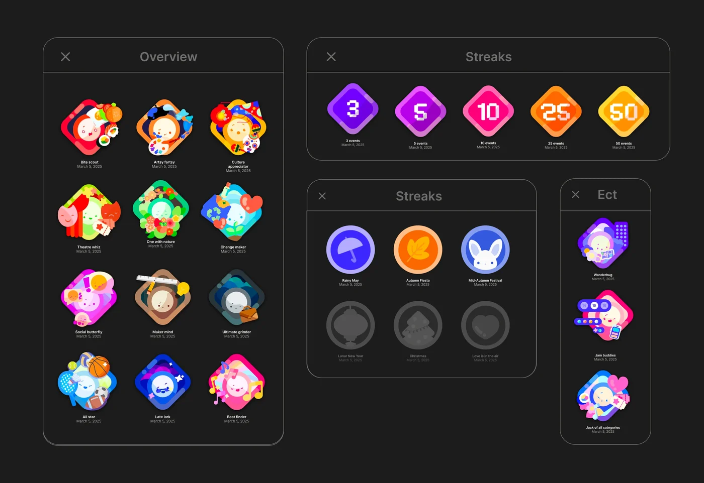 Four dark panels of achievement badges. The panel headed Overview holds a grid of twelve diamond badges, each a round white character in its own scene — food, paints, lanterns, theatre curtains, flowers, plants, a phone, a briefcase, sports, a moon, music. One panel headed Streaks holds five numbered diamonds for 3, 5, 10, 25 and 50 events; a second holds six round seasonal badges, three of them greyed out as not yet earned. A narrow panel at the right holds three more.